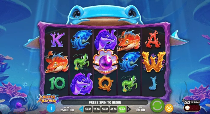 Manta Mayhem - màn hình trò chơi với các cuộn và cá đuối manta ray